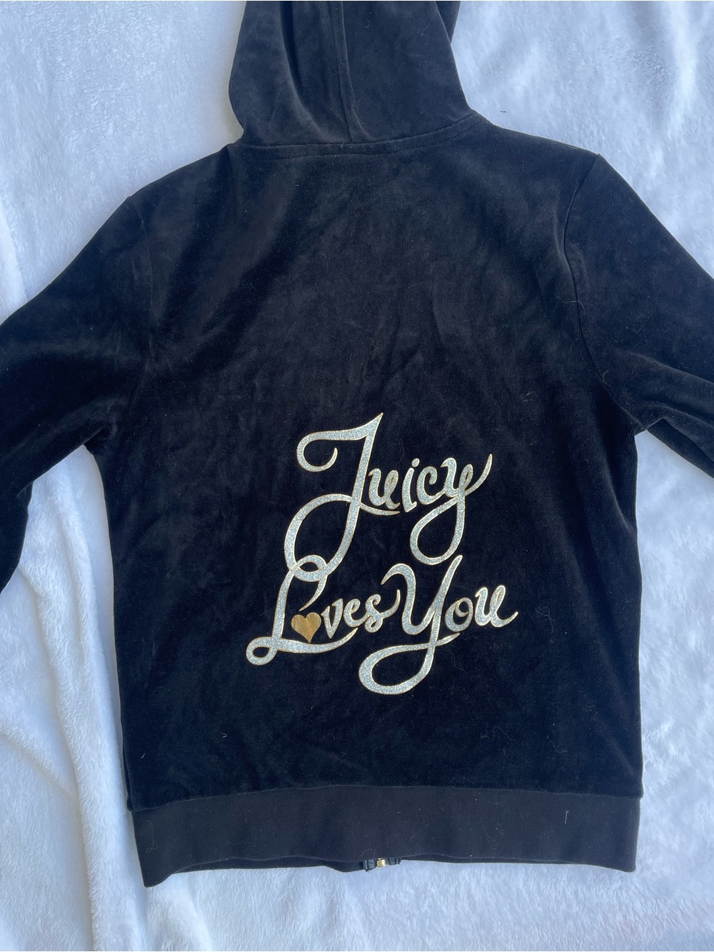 Juicy Couture Black Velour Hoodie Tracksuit Jacket Glitter Sz S Y2K Cozy Glam